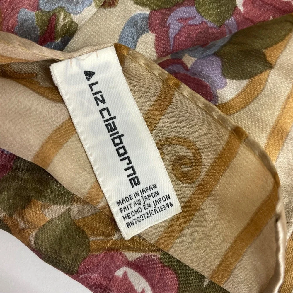 Vintage Liz Claiborne Floral Silk Scarf Women Tan Rose Ribbon Victorian Cottage